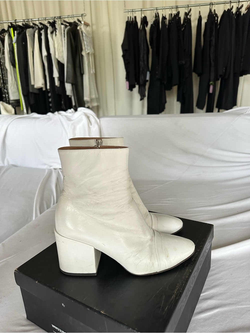 Dries Van Noten White Leather Ankle Boots with Block Heel